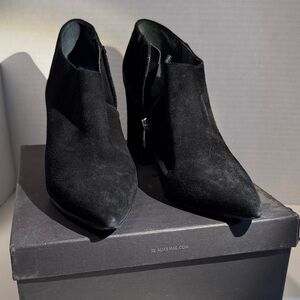 Alias Mae Black Suede Pointed Ankle Booties with Side Zip